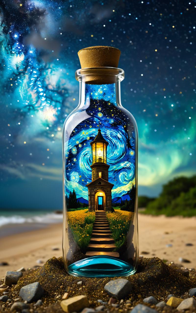 04068-2304862108-Starry sky Van Gogh painting trapped inside a hourglass bottle. Color and starry skies spilling out of the bottle and pooling on.png